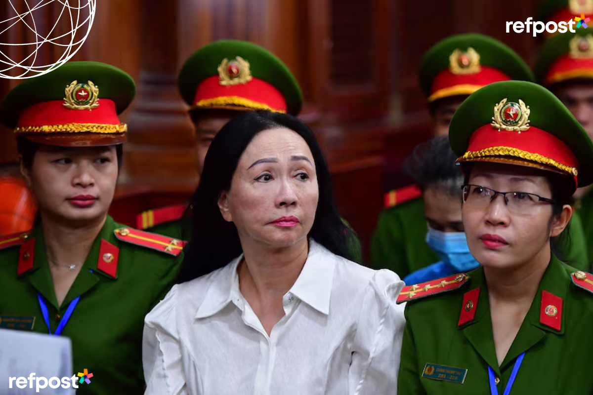 Vietnamese property tycoon Truong My Lan (front row 3rd L) looks on at a court in Ho Chi Minh City on April 11, 2024. A top Vietnamese property tycoon could face the death penalty when she and dozens of other co-accused face verdicts on April 11 in one of the country's biggest fraud cases over the embezzlement of USD 12.5 billion.